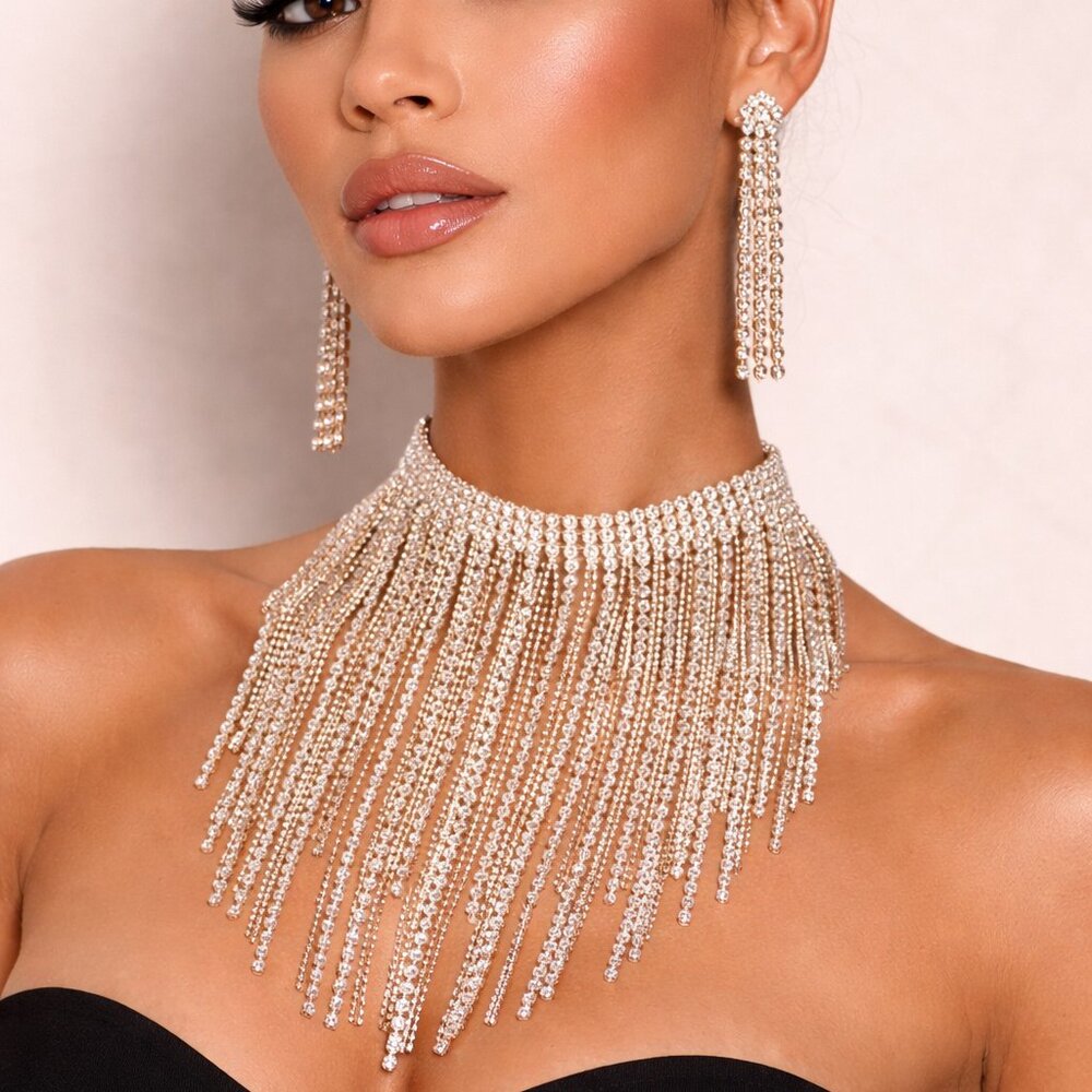 Luxury Rhinestone Draped Fringe Collar
